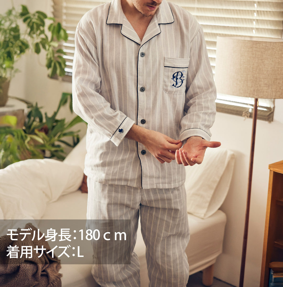 【MEN’S】先染め三重ガーゼ　ストライプパジャマ
